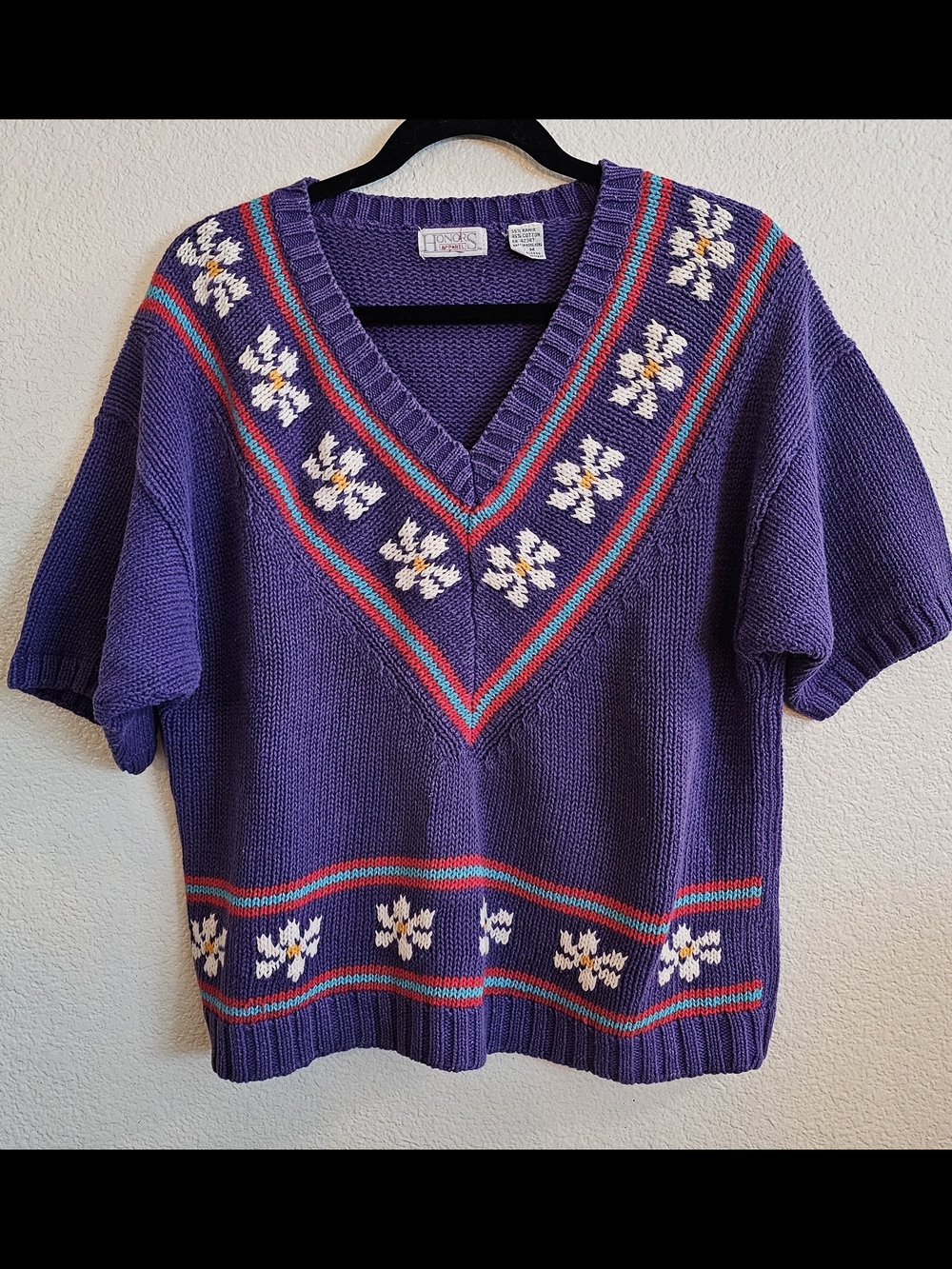 Vintage 80's Honors Purple V-Neck Short Sleeve Sweater with Floral Knit Size M